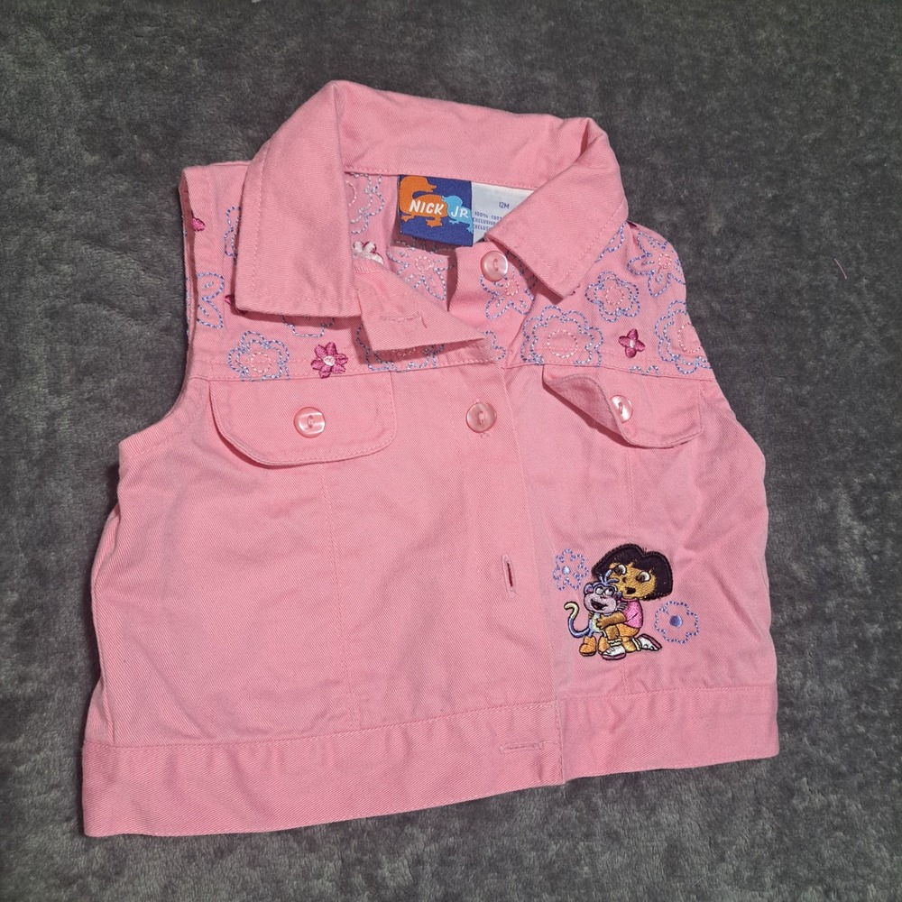 VTG Nick Jr Dora the Explorer Pink Denim Vest 12M Embroidered Flowers Y2K Kid